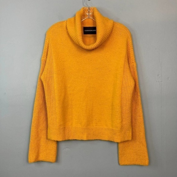 CALVIN Klein Jeans Goldenrod Yellow Rolled Cowl Neck Wool Blend Sweater Womens M - Picture 11 of 12